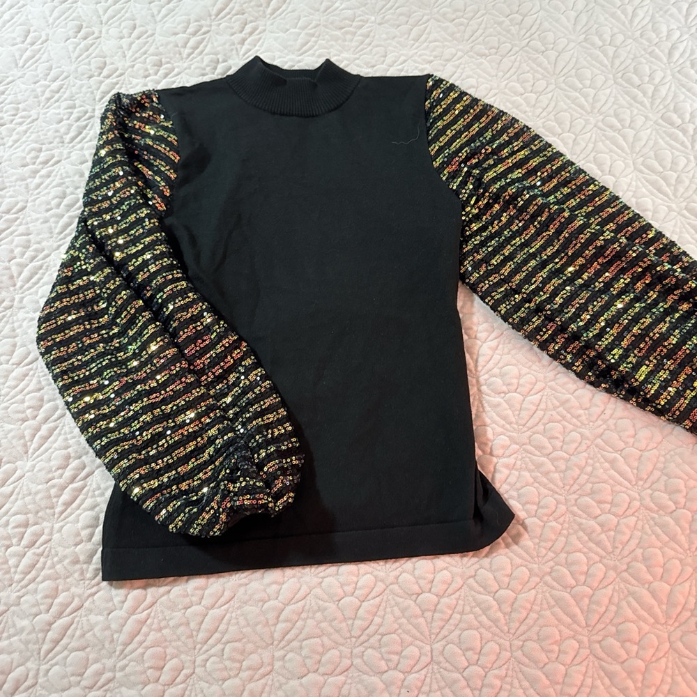 Black Top with Multicolor Sequin Sleeves